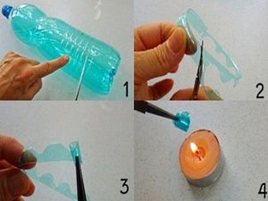 Из обычной пластиковой бутылки нужно нарезать неширокие полоски, один их край должен быть волнистым. С помощью пинцета свернем розочку и оплавим ее над огнем свечи. Из обычной пластиковой бутылки нужно нарезать неширокие полоски, один их край должен быть волнистым. С помощью пинцета свернем розочку и оплавим ее над огнем свечи.