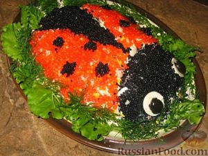 Любителям красной и черной икры, придется по вкусу этот вариант салата божья коровка. Так просто украсить салат, выложенный горкой, двумя видами икры. Любителям красной и черной икры, придется по вкусу этот вариант салата божья коровка. Так просто украсить салат, выложенный горкой, двумя видами икры.