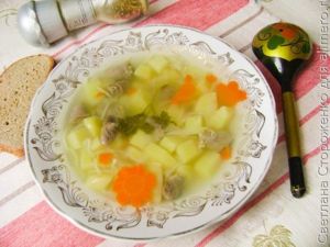 Суп с макаронами и куриными сердечками