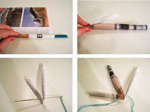Скрутите газетные трубочки. Сложите из пополам, нанижите на нитку. Скрутите газетные трубочки. Сложите из пополам, нанижите на нитку.