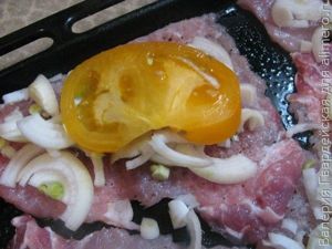 Отбивная с желтыми помидорами и грибами