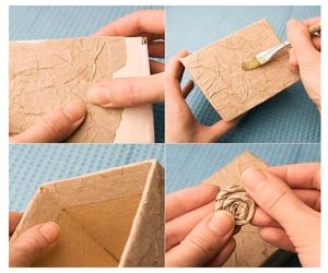 Тонкой бумагой обклейте коробку, слегка приминая ее, образовывая складки. Из бумаги скрутите розочку и приклейте ее к поверхности. Тонкой бумагой обклейте коробку, слегка приминая ее, образовывая складки. Из бумаги скрутите розочку и приклейте ее к поверхности.