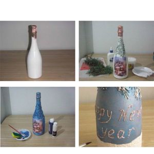 С помощью обычной губки для мытья посуды покрываем поверхность бутылки белой акриловой краской. Теперь можно приступать к приклеиванию фрагментов салфетки. Делать это нужно очень аккуратно: не следует слишком сильно мочить салфетку водой, иначе она быстро порвется. С помощью обычной губки для мытья посуды покрываем поверхность бутылки белой акриловой краской. Теперь можно приступать к приклеиванию фрагментов салфетки. Делать это нужно очень аккуратно: не следует слишком сильно мочить салфетку водой, иначе она быстро порвется.