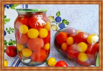 14. Помидоры с алычой и чесноком. На ¼ часть банки плотных помидор небольшого размера, ¾ части спелой алычи и 5-6 зубков чеснока. Уложить в банки плоды и зубчики чеснока, перекладывая веточками укропа. Приготовить компот из алычи, добавить на стакан жидкости 1 ст. л. соли, 2 ст. л. сахара. Залить подготовленной жидкостью овощи, и стерилизовать баночки емкостью 1 литр 15 - 20 минут. 14. Помидоры с алычой и чесноком. На ¼ часть банки плотных помидор небольшого размера, ¾ части спелой алычи и 5-6 зубков чеснока. Уложить в банки плоды и зубчики чеснока, перекладывая веточками укропа. Приготовить компот из алычи, добавить на стакан жидкости 1 ст. л. соли, 2 ст. л. сахара. Залить подготовленной жидкостью овощи, и стерилизовать баночки емкостью 1 литр 15 - 20 минут.