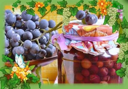 10. Виноградный компот на зиму без стерилизации. Продукты: 1 стакан сахара, лимонная кислота – щепотка, виноград - половина трехлитровой банки. Приготовление: спелые грозди винограда нужно перебрать, промыть под проточной водой, оборвать ягоды и засыпать в простерилизованные трехлитровые банки. В кастрюлю налить 2,5 л воды, засыпать сахар и хорошенько прокипятить. Получившийся сахарный сироп залить в банки с ягодами и накрыть крышечками для закатки на 10-15 минут, чтобы содержимое хорошо настоялось. Через 10-15 минут сироп снова слить, проварить в течение 1-2 минут, добавить щепотку кислоты и обратно залить виноградные ягодки. Закатать. 10. Виноградный компот на зиму без стерилизации. Продукты: 1 стакан сахара, лимонная кислота – щепотка, виноград - половина трехлитровой банки. Приготовление: спелые грозди винограда нужно перебрать, промыть под проточной водой, оборвать ягоды и засыпать в простерилизованные трехлитровые банки. В кастрюлю налить 2,5 л воды, засыпать сахар и хорошенько прокипятить. Получившийся сахарный сироп залить в банки с ягодами и накрыть крышечками для закатки на 10-15 минут, чтобы содержимое хорошо настоялось. Через 10-15 минут сироп снова слить, проварить в течение 1-2 минут, добавить щепотку кислоты и обратно залить виноградные ягодки. Закатать.