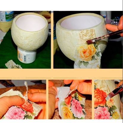 Накладываем сухой рисунок на сухой горшок (!) и аккуратно начинаем промазывать рисунок сверху плоской кистью с клеем ПВА. Складочки, что появляются в процессе, разглаживать не нужно, они формируют красивую структуру, и будут при высыхании практически незаметны. Накладываем сухой рисунок на сухой горшок (!) и аккуратно начинаем промазывать рисунок сверху плоской кистью с клеем ПВА. Складочки, что появляются в процессе, разглаживать не нужно, они формируют красивую структуру, и будут при высыхании практически незаметны.