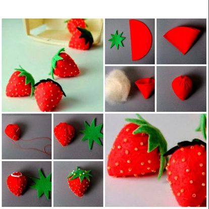 Основа игольницы-клубнички - половина круга из красного фетра. Сошьем его конусом, наполним синтепоном. Из зеленого фетра сделаем хвостик. Украсим бисером. Основа игольницы-клубнички - половина круга из красного фетра. Сошьем его конусом, наполним синтепоном. Из зеленого фетра сделаем хвостик. Украсим бисером.