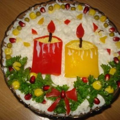 Мясной новогодний торт-салат Праздничная свеча