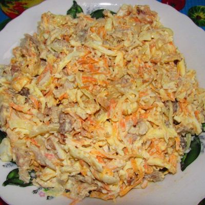 Вкусный салат с блинчиками из яиц и курицей