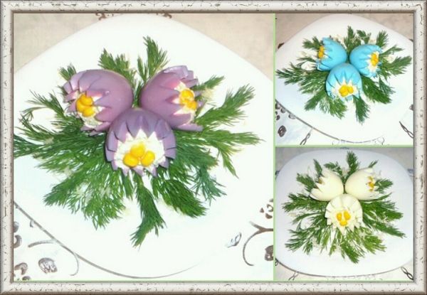 1. Тюльпаны. Плавленый сыр чеснок, майонез и консервированная кукуруза. Яичные белки нарезать в виде цветов тюльпана и оставить в растворе пищевого красителя на 10-15 минут. Нафаршировать украсить кукурузными зернами и свежей зеленью. 1. Тюльпаны. Плавленый сыр чеснок, майонез и консервированная кукуруза. Яичные белки нарезать в виде цветов тюльпана и оставить в растворе пищевого красителя на 10-15 минут. Нафаршировать украсить кукурузными зернами и свежей зеленью.
