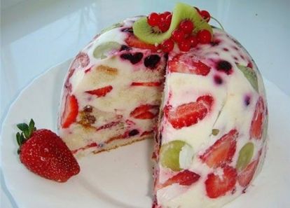 300 г бисквита, 0,5 л. сметаны, 1 стакан сахара, 3 ст. л. желатина, ягоды и фрукты. Поломать корж на кусочки, отложить. Желатин залить 1/2 стакана холодной воды и оставить на полчаса. Затем воду подогреть, чтобы желатин полностью растворился. В это время взбить сметану и сахар и, помешивая, постепенно добавить к ним желатиновую смесь. Дно глубокой миски выстелить пищевой пленкой (или пергаментом). Выложить слоями: фрукты / ягоды, затем кусочки бисквита, снова слой ягод / фруктов и т. д. Затем залить все сметанно-желатиновой смесью, приготовленной ранее. Поставить фруктовый торт на 3–4 часа в холодильник. 300 г бисквита, 0,5 л. сметаны, 1 стакан сахара, 3 ст. л. желатина, ягоды и фрукты. Поломать корж на кусочки, отложить. Желатин залить 1/2 стакана холодной воды и оставить на полчаса. Затем воду подогреть, чтобы желатин полностью растворился. В это время взбить сметану и сахар и, помешивая, постепенно добавить к ним желатиновую смесь. Дно глубокой миски выстелить пищевой пленкой (или пергаментом). Выложить слоями: фрукты / ягоды, затем кусочки бисквита, снова слой ягод / фруктов и т. д. Затем залить все сметанно-желатиновой смесью, приготовленной ранее. Поставить фруктовый торт на 3–4 часа в холодильник.
