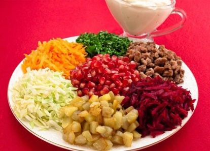 Мясо мелко нарезать кубиками. Пожарить мясо на растительном масле до готовности (жарить около 20–25 минут). Посолить. Картофель мелко нарезать кубиками. Пожарить картофель на растительном масле до готовности (жарить около 15–20 минут). Посолить. Капусту мелко нашинковать. Сырую морковь натереть на средней терке. Сырую свеклу натереть на средней терке. Зелень мелко нарезать. Гранат почистить, зерна отделить. Разложить на блюде по кругу: морковь, зелень, мясо, свеклу, картофель, капусту. В центр выложить зерна граната. Уже на столе добавить майонез, перемешать. Мясо мелко нарезать кубиками. Пожарить мясо на растительном масле до готовности (жарить около 20–25 минут). Посолить. Картофель мелко нарезать кубиками. Пожарить картофель на растительном масле до готовности (жарить около 15–20 минут). Посолить. Капусту мелко нашинковать. Сырую морковь натереть на средней терке. Сырую свеклу натереть на средней терке. Зелень мелко нарезать. Гранат почистить, зерна отделить. Разложить на блюде по кругу: морковь, зелень, мясо, свеклу, картофель, капусту. В центр выложить зерна граната. Уже на столе добавить майонез, перемешать.