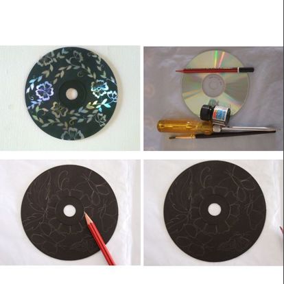 Окрашивать диски не обязательно в черный цвет. Можно подобрать его под цвет ваших обоев или текстиля. Рисунок можете нарисовать сами или воспользоваться трафаретом.