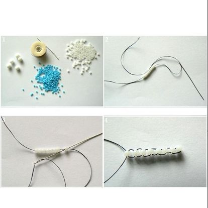Для плетения представленных серег нужно взять: белые бусины от 6 мм в диаметре, белый бисер №8, голубой бисер №10, нить для плетения, бисерная игла, швензы.