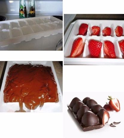 7. Клубника в шоколаде. Рецепт прост. В форму для льда поместите клубнику (целую или часть), залейте растопленным шоколадом и поместите в холодильник на пару часов.