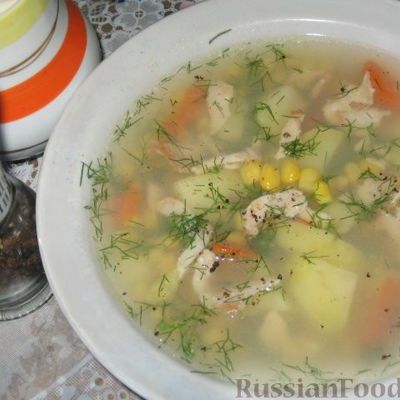 Суп с кукурузой и копченым рыбным филе