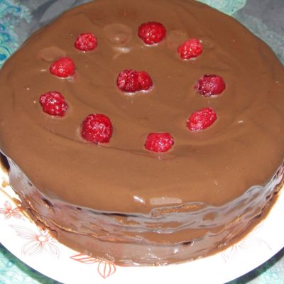 Блинный торт с шоколадным кремом и малиновым соусом