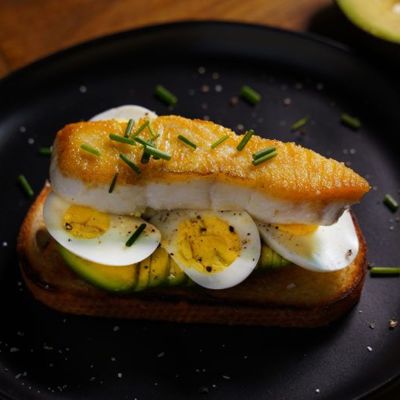 Сбалансированный завтрак из хлеба, варёного яйца, авокадо и рыбы
