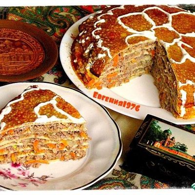 блинный торт с мясом и грибами, пошаговый рецепт на ккал, фото, ингредиенты - Натали М
