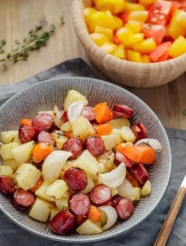 Картошка с копчеными колбасками в духовке – простое и очень ароматное второе блюдо
